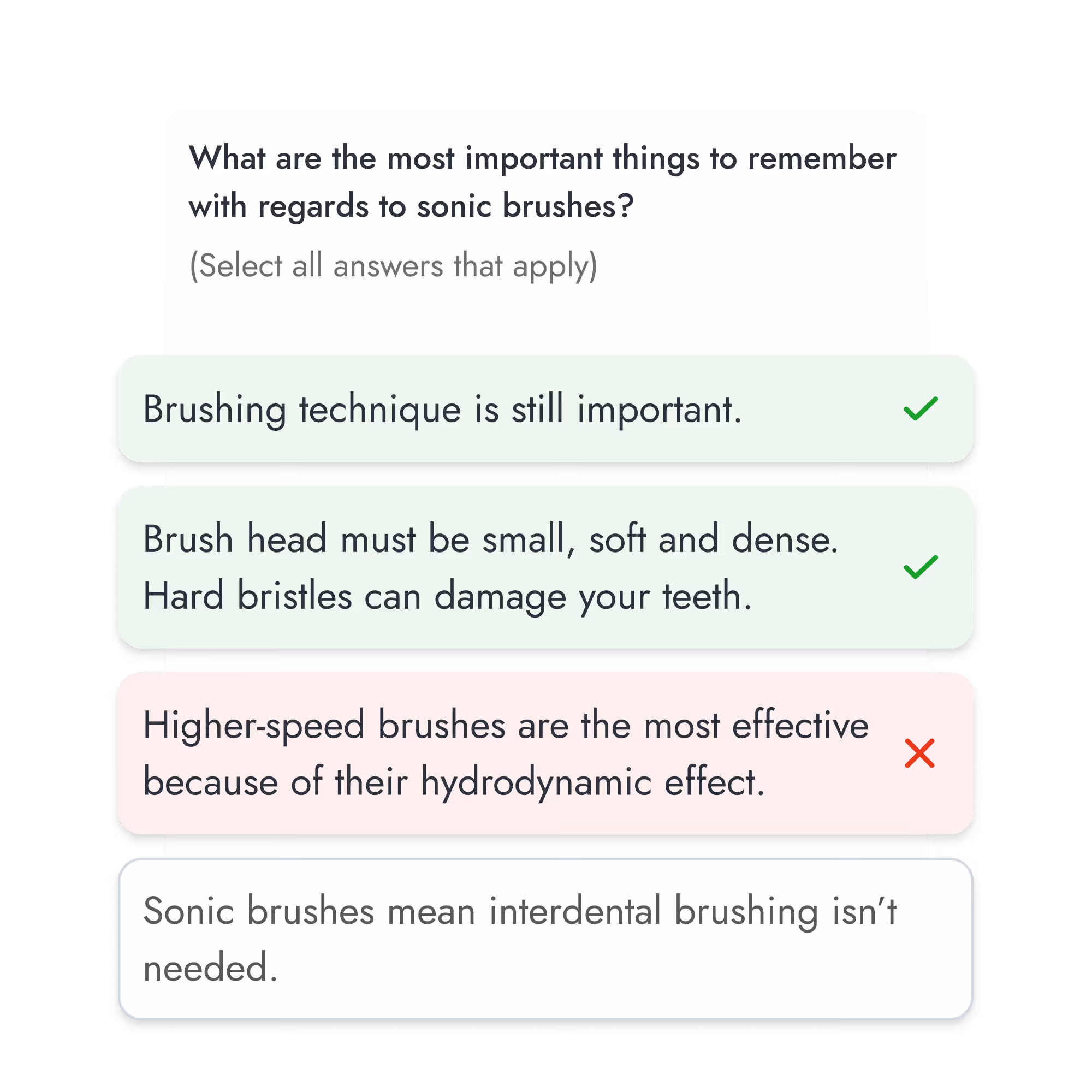 Multiple-choice question about sonic brushes with four answers, two marked correct and one incorrect.