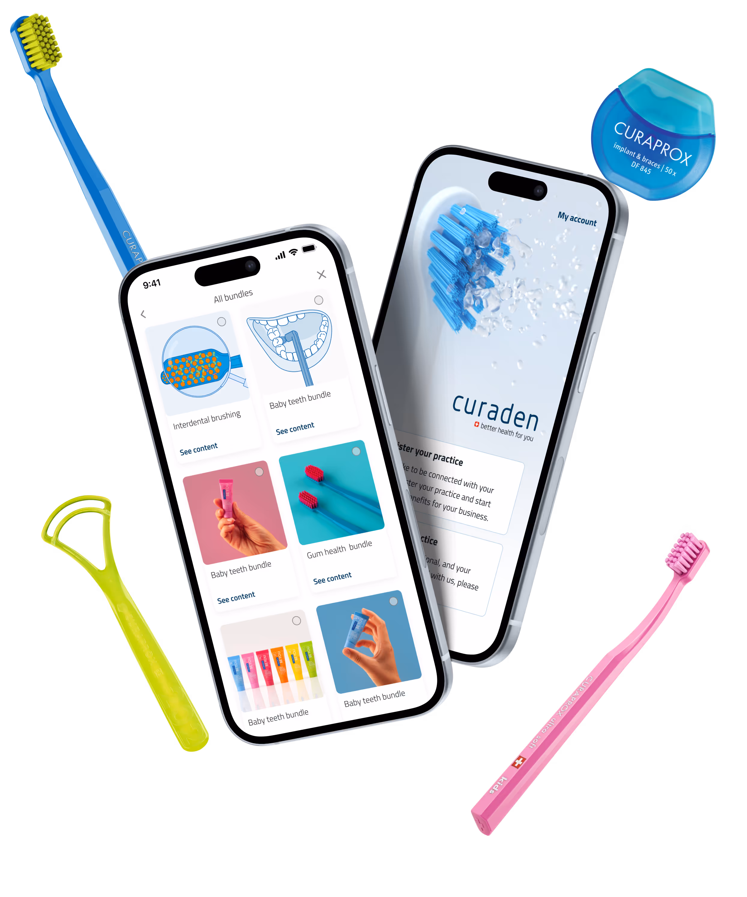 Two smartphones displaying dental care app content surrounded by colorful toothbrushes, a dental floss container, and a dental floss pick.