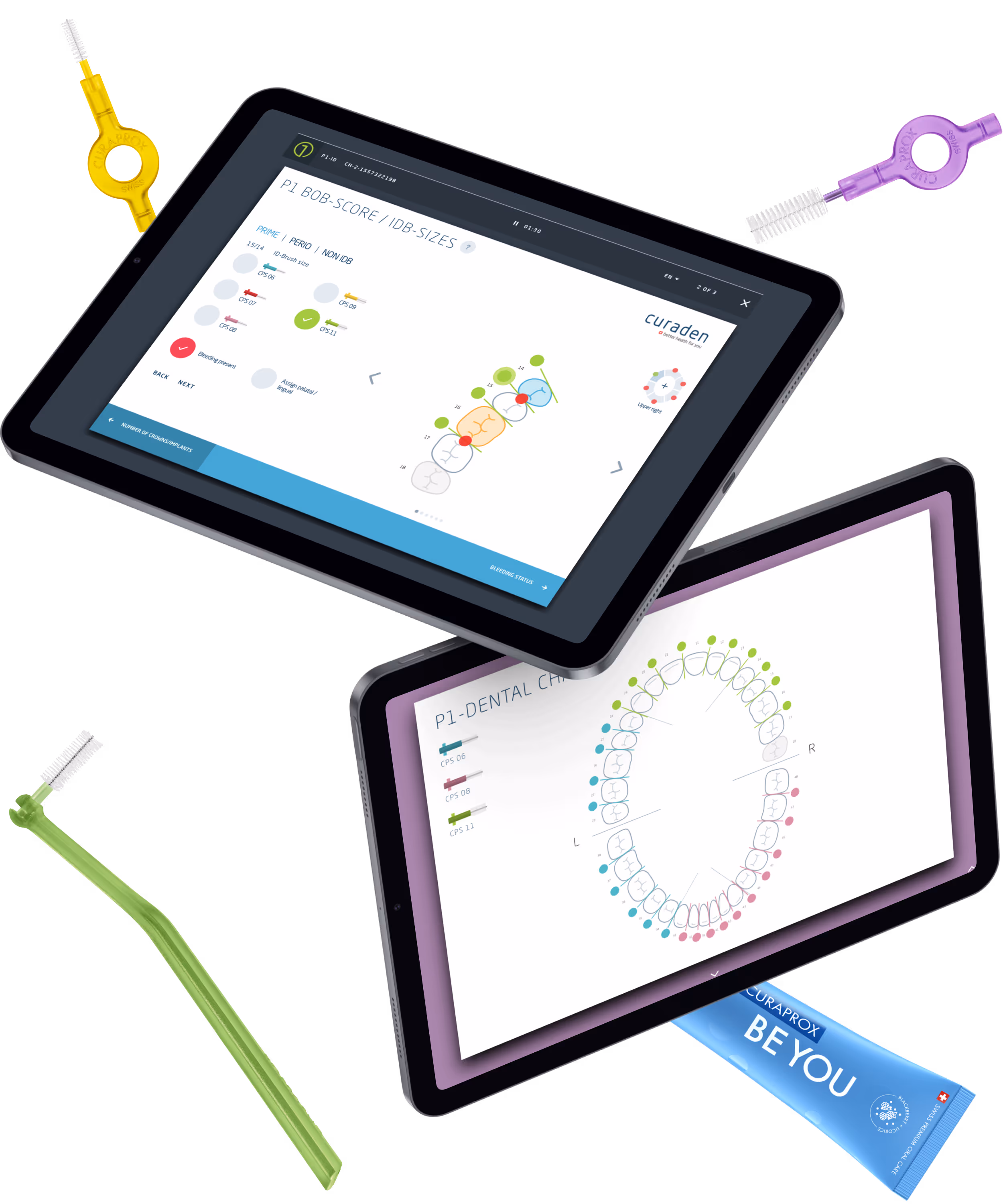 Two tablets displaying dental charts with colorful dental tools and Curaprox Be You toothpaste tube.