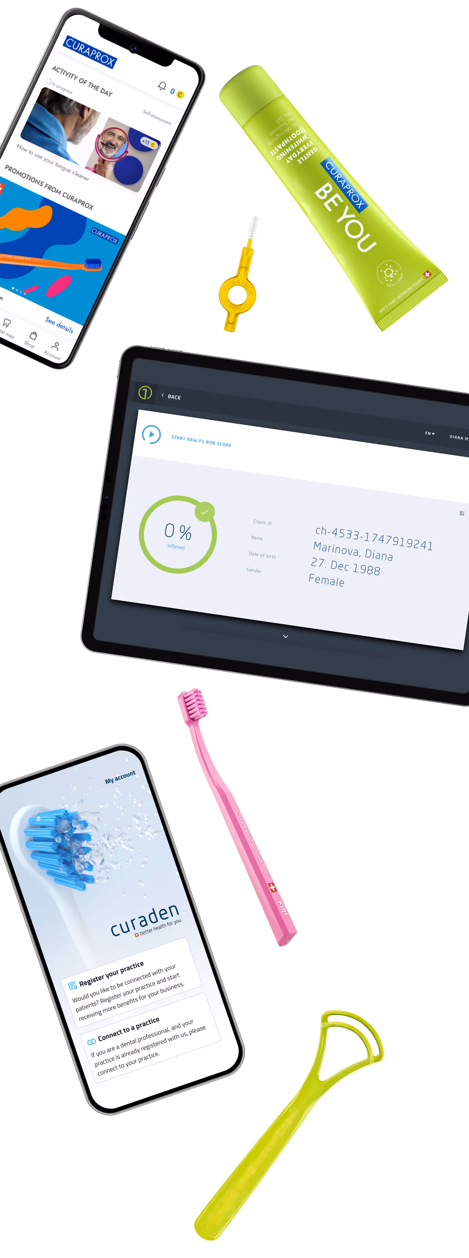 Flat lay of oral care items including two smartphones displaying dental apps, a tablet showing dental health score, a green toothpaste tube, pink toothbrush, yellow interdental brush, and green floss pick on black background.