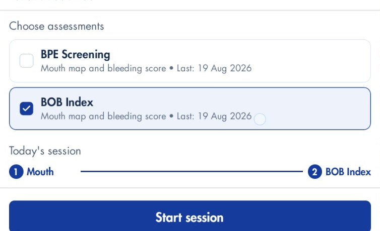 New session screen with BPE Screening and BOB Index options