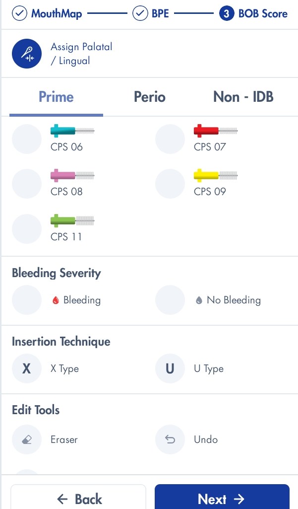 Scoring panel with Prime, Perio and Non-IDB tabs and colour-coded CPS brushes