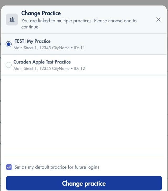 Change Practice dialog with a default practice option