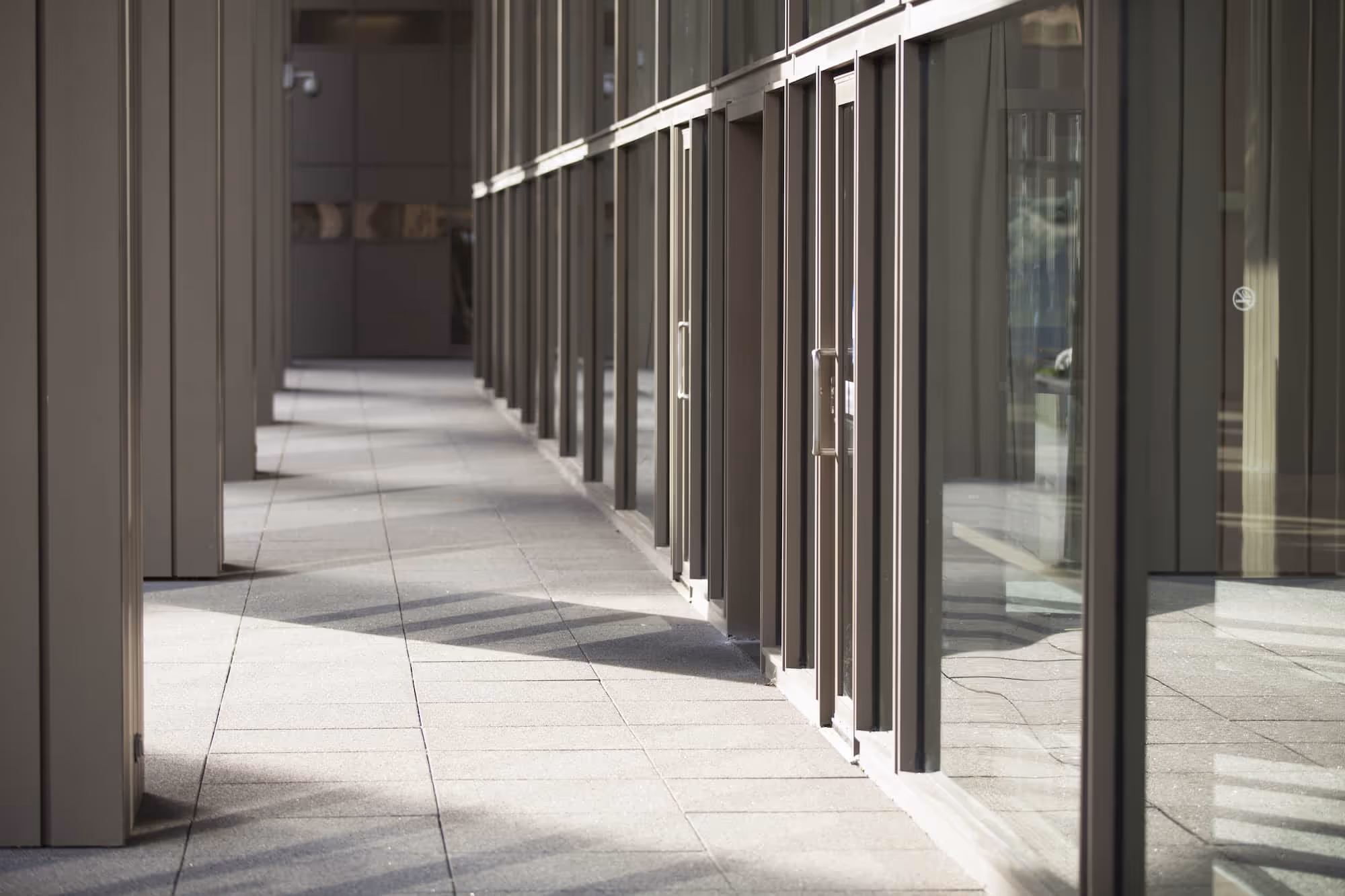 Modern looking doors in the entryway to a corporate office building.