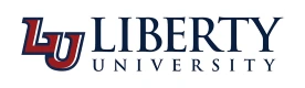 liberty university white red and blue text horizontal logo