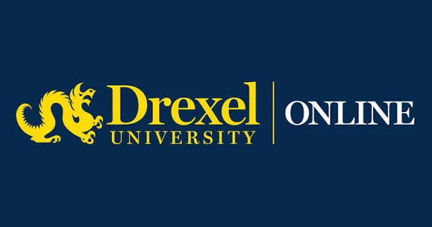 Drexel University Online logo horizontal yellow and white text on blue background