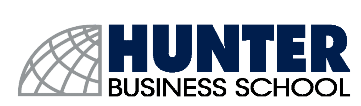 Hunter Business School globe logo blue and clack text