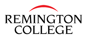Remington College horizontal logo black text red arch