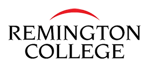 Remington College horizontal logo black text red arch