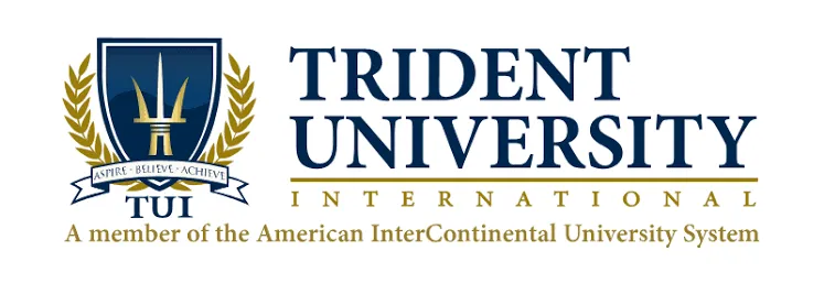 Trident University International horizontal crest logo blue an gold text