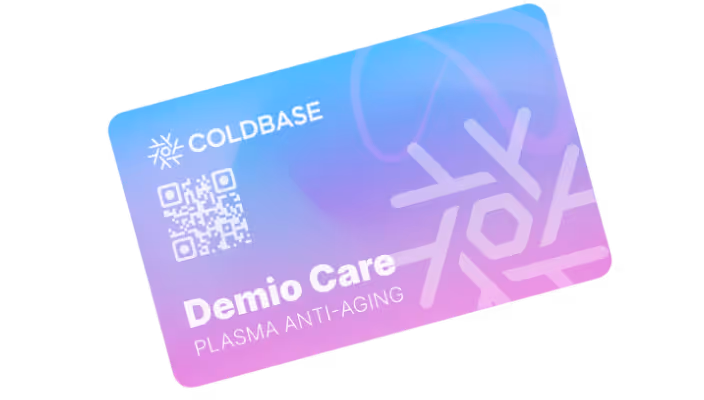 Demio Care® Kennenlernkarte von ColdBase – Plasma Anti-Aging Glow to Go für sichtbar strahlende Haut.