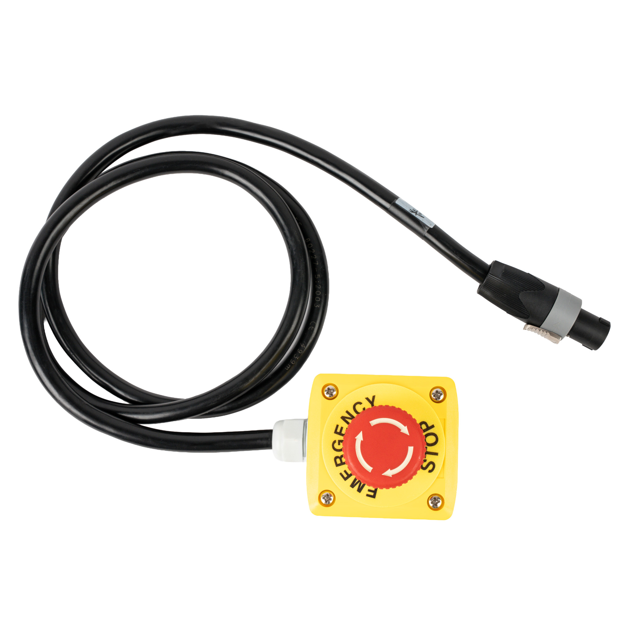 Red emergency-stop button in a yellow enclosure with connection cable