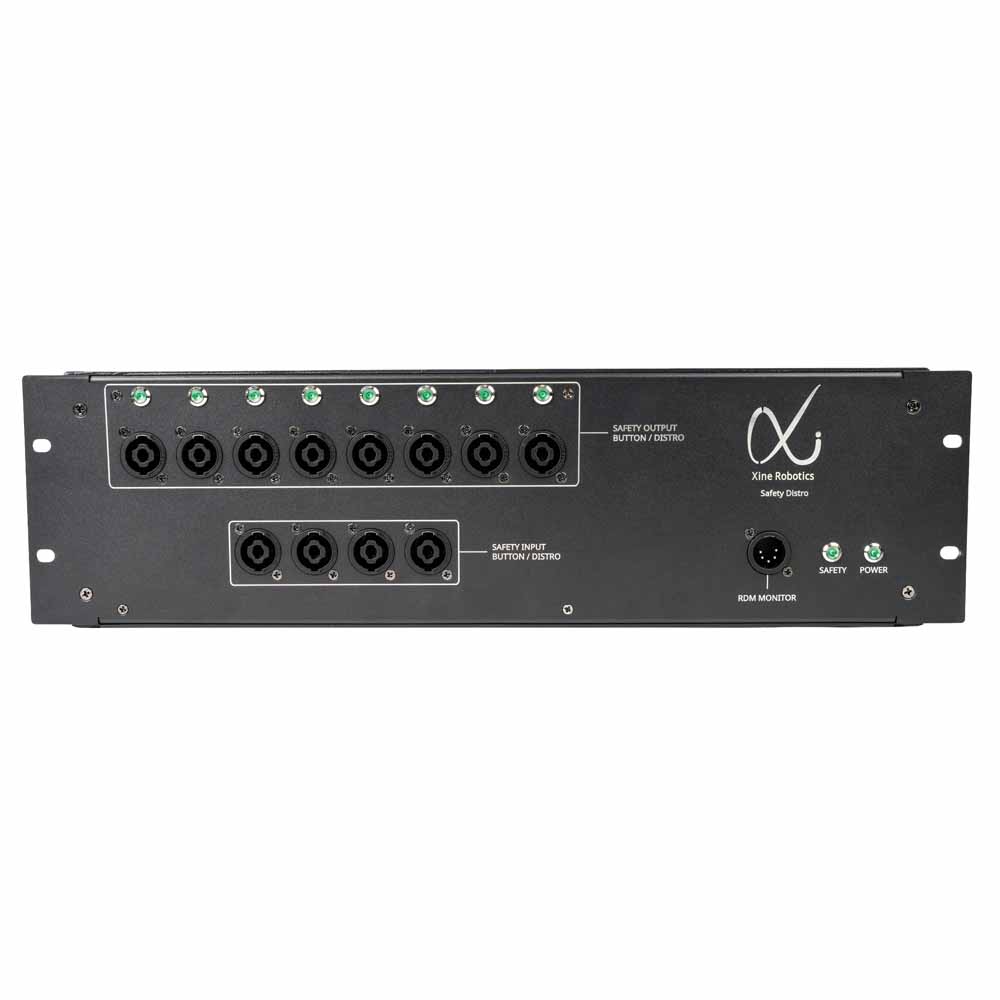 Xine Robotics Safety Distro front panel with eight safety outputs, four safety inputs, RDM monitor connection, and status indicators