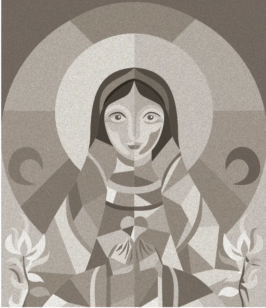 Stylized grayscale geometric illustration of a woman with a halo holding a small bird, flanked by two roses.