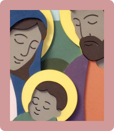 Stylized illustration of nativity scene showing Mary, Joseph, and baby Jesus with golden halos.