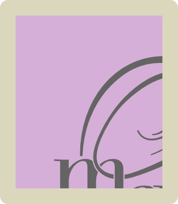 Partial view of stylized dark gray curved lines and lowercase letters on a lavender square background with beige border.