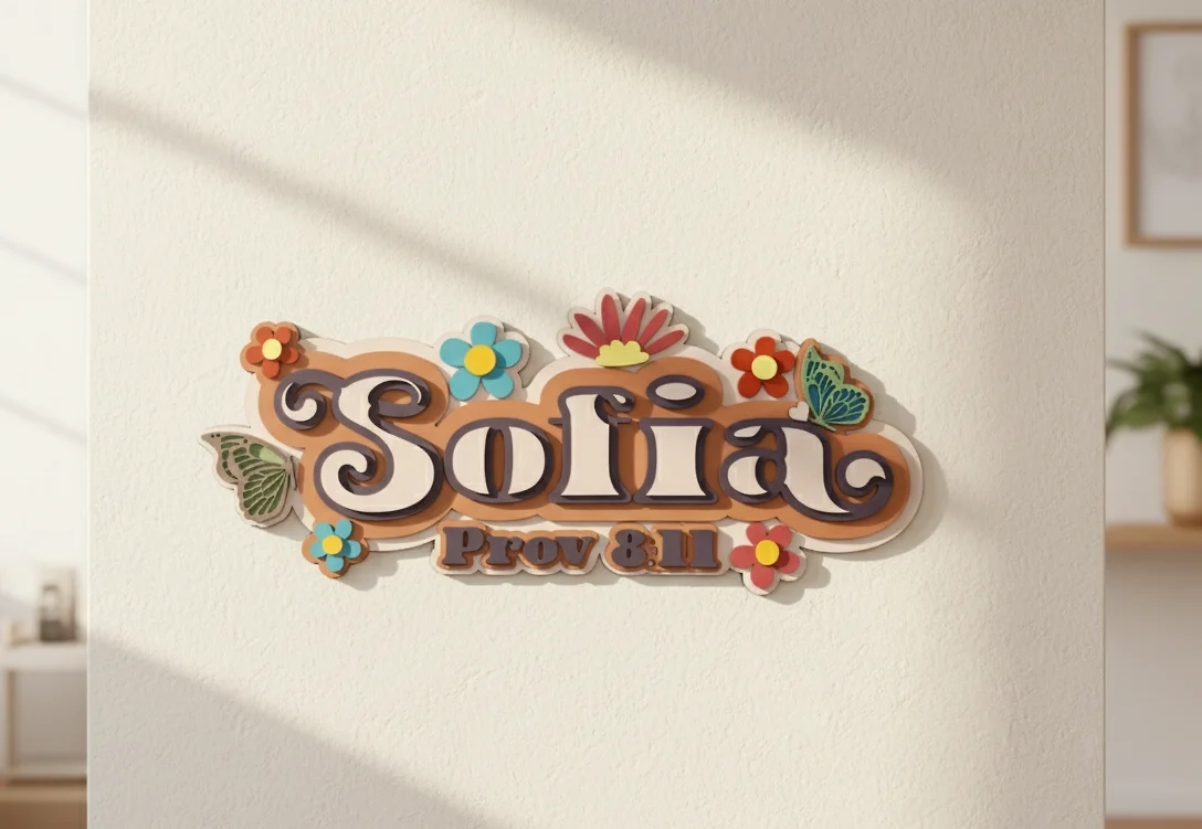 Decorative wall art with the name 'Sofia' surrounded by colorful flowers and butterflies, with 'Prov 8:11' written below.