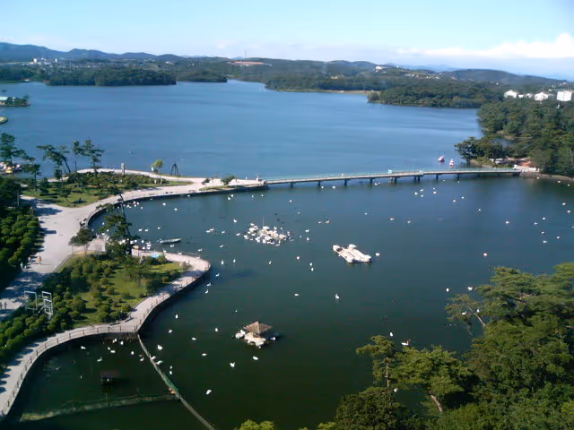 A large lake with a long bridge crossing its narrower section, surrounded by lush green trees and pathways, with hills visible in the background under a clear sky.