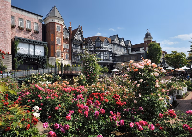 Colorful rose garden in front of Tudor-style buildings under a clear blue sky.