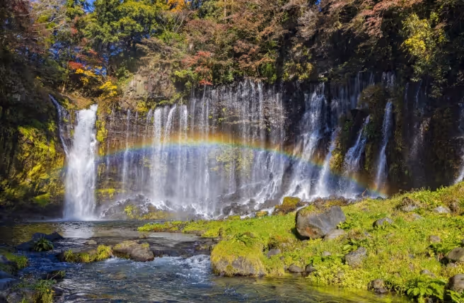Waterfall cascading down mossy rocks with a rainbow arching across the mist under a sunny sky.
