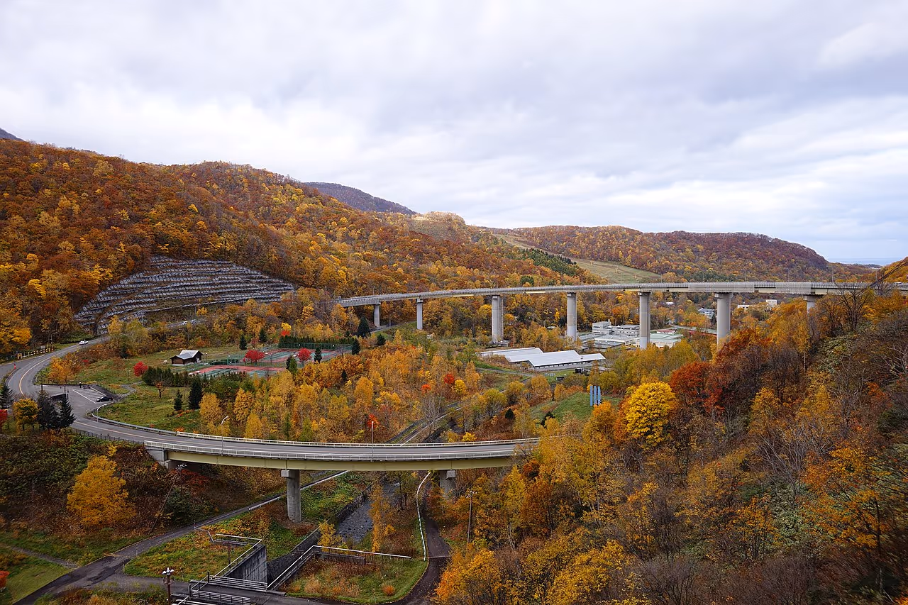Elevated highways curving through a forested valley with autumn foliage under a cloudy sky.