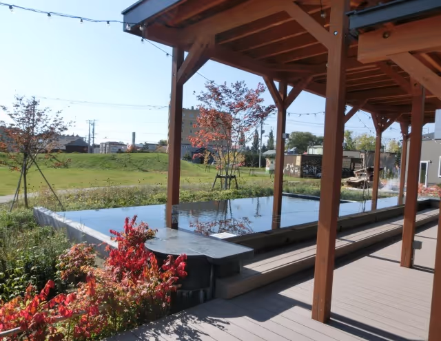 Outdoor garden spa with a rectangular reflective water pool under a wooden pergola, surrounded by red and green plants and a grassy field in the background.