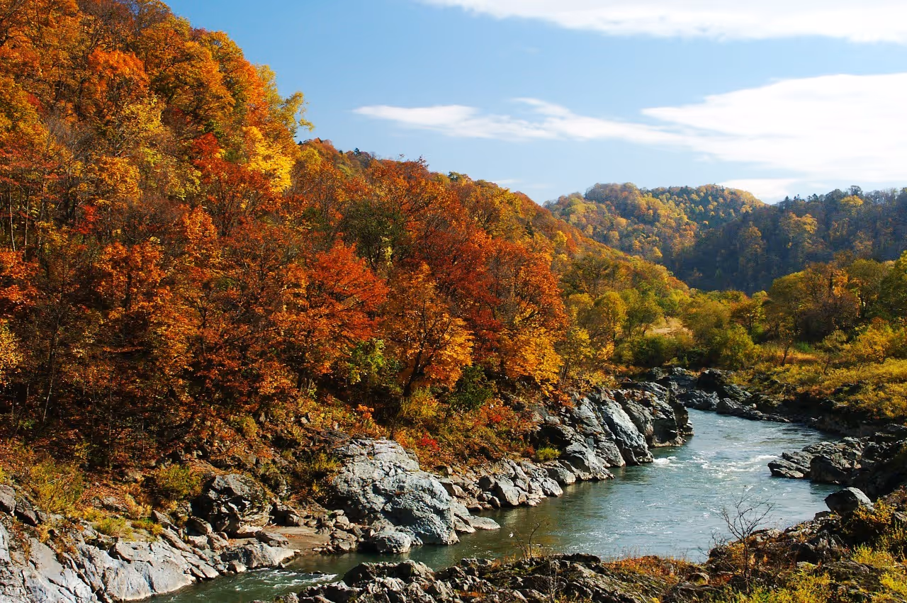 River flowing through rocky banks with dense autumn foliage in vibrant red, orange, and yellow hues under a partly cloudy blue sky.