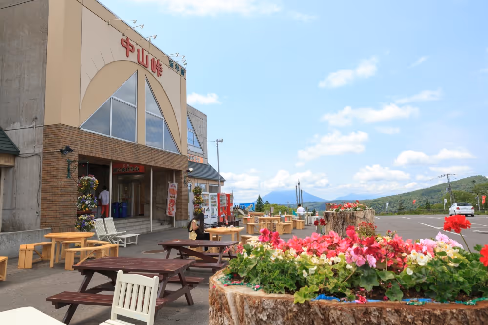 Outdoor seating area with wooden tables and colorful flowers in large planters outside a brick and concrete building under blue sky.