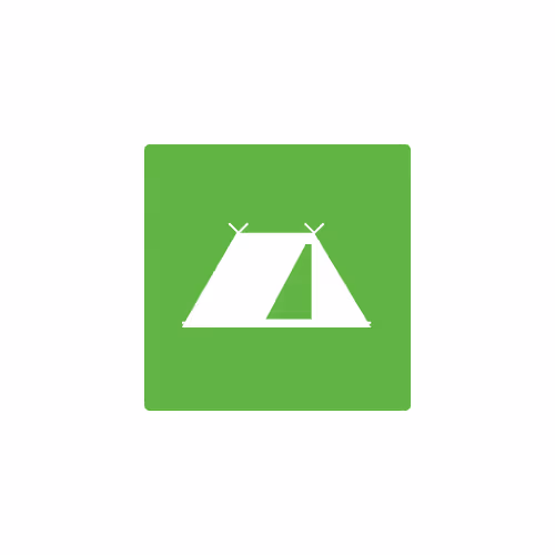 White camping tent icon on green square background.