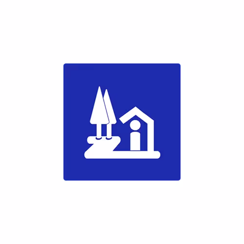 Roadside station icon showing two trees, a shelter with a person inside, all in white on a blue background.