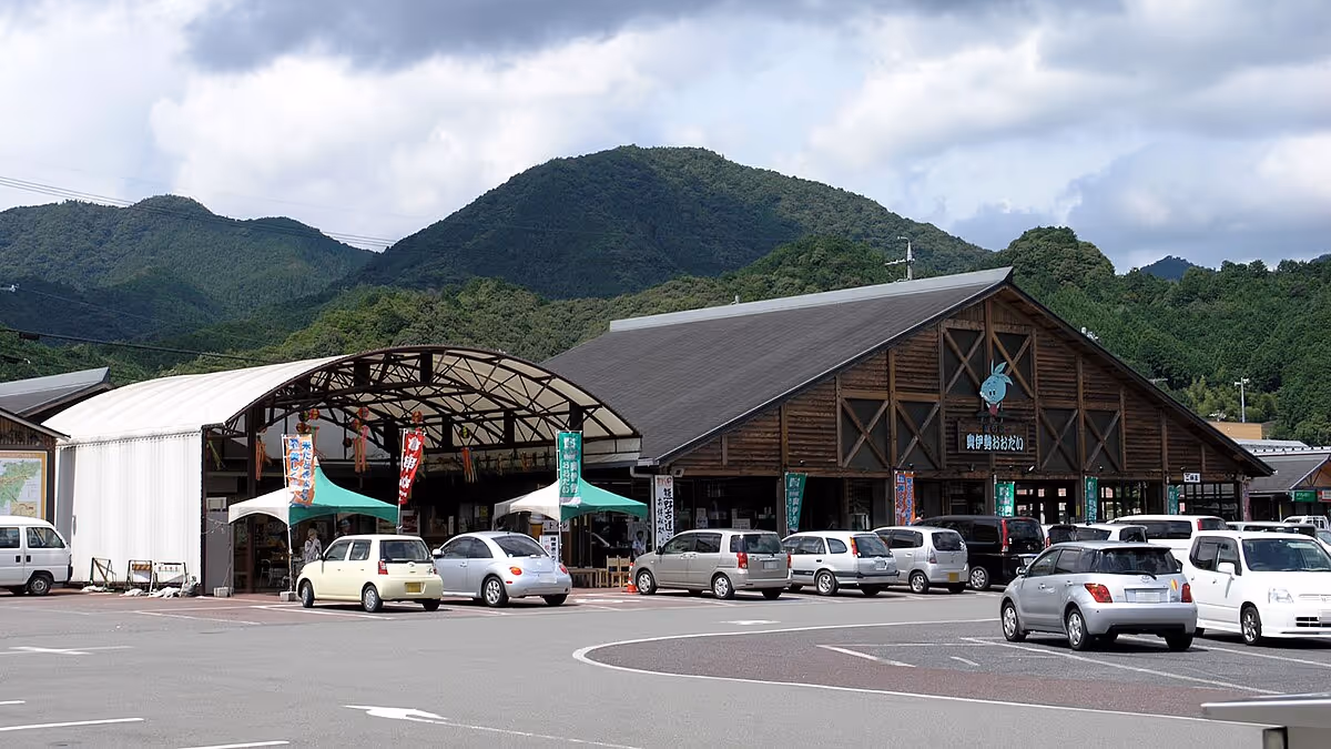 Parking lot with multiple cars in front of a wooden market building set against green mountains under a cloudy sky.