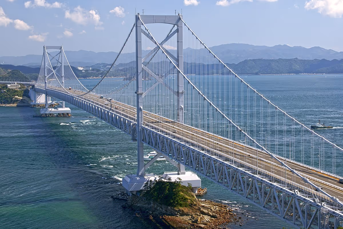 Large suspension bridge spanning blue water with mountains in the background under a partly cloudy sky.