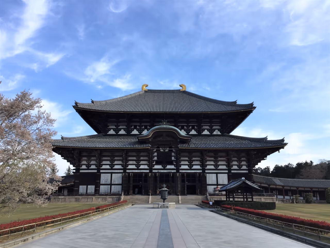 Front view of Todai-ji Temple in Nara, Japan, with traditional wooden architecture and wide pathway leading to the entrance.