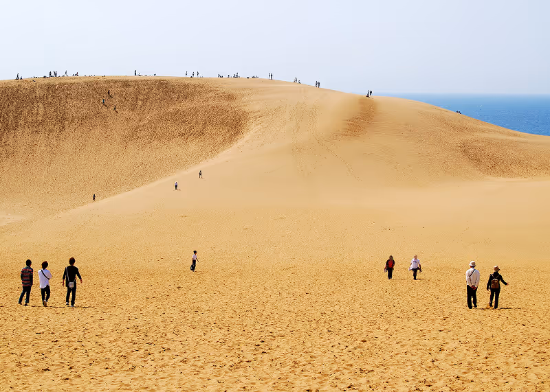 People walking and standing on large sand dunes near the ocean under a clear sky.
