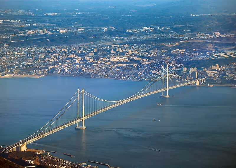 Aerial view of a long suspension bridge spanning across a wide body of water with a city and mountainous landscape in the background.