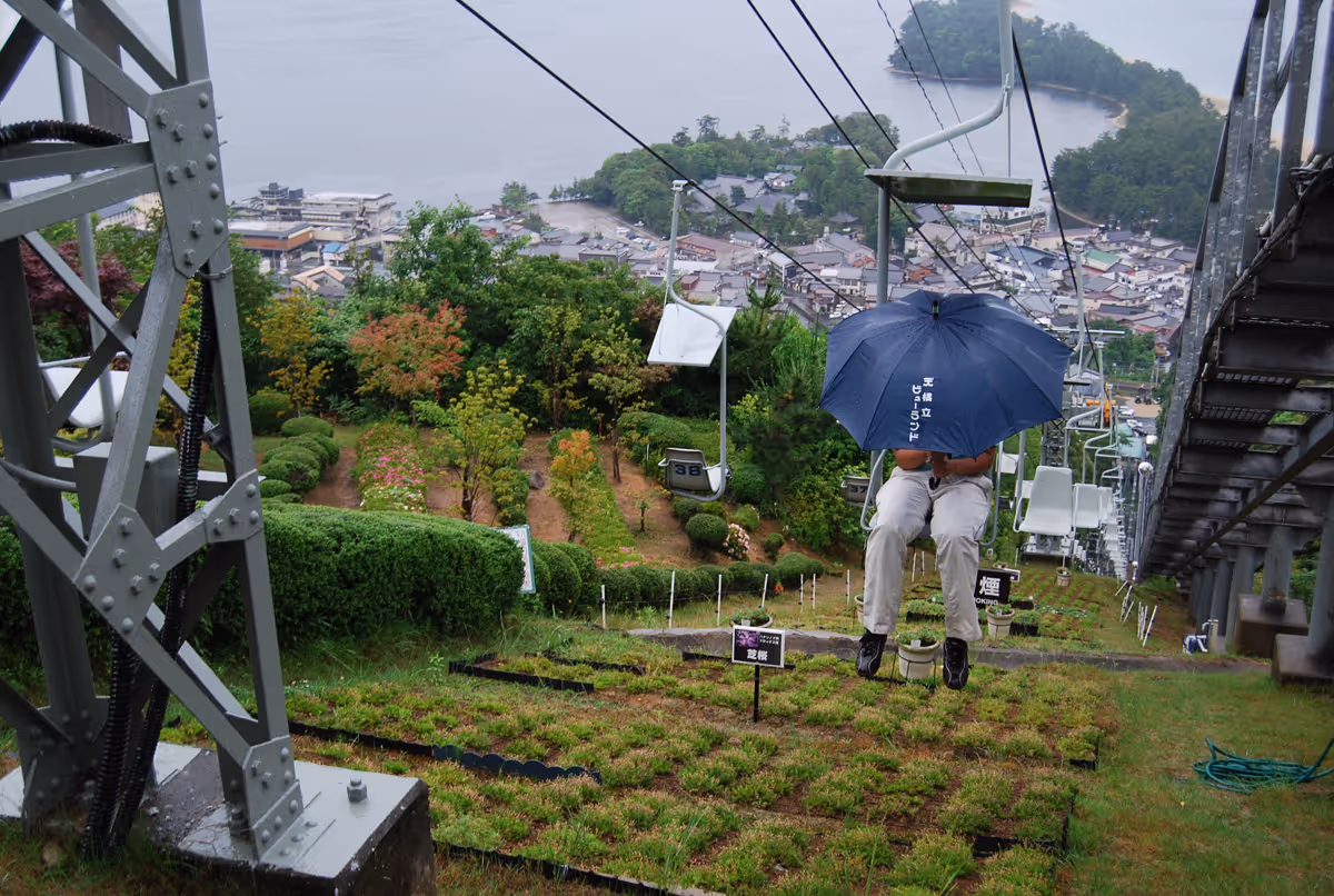 Person holding a blue umbrella seated on a chairlift ascending over a green hillside toward a lakeside town.