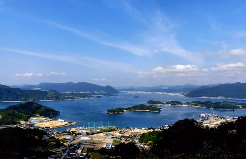 Panoramic view of a coastal town with islands in a calm blue bay under a partly cloudy sky.