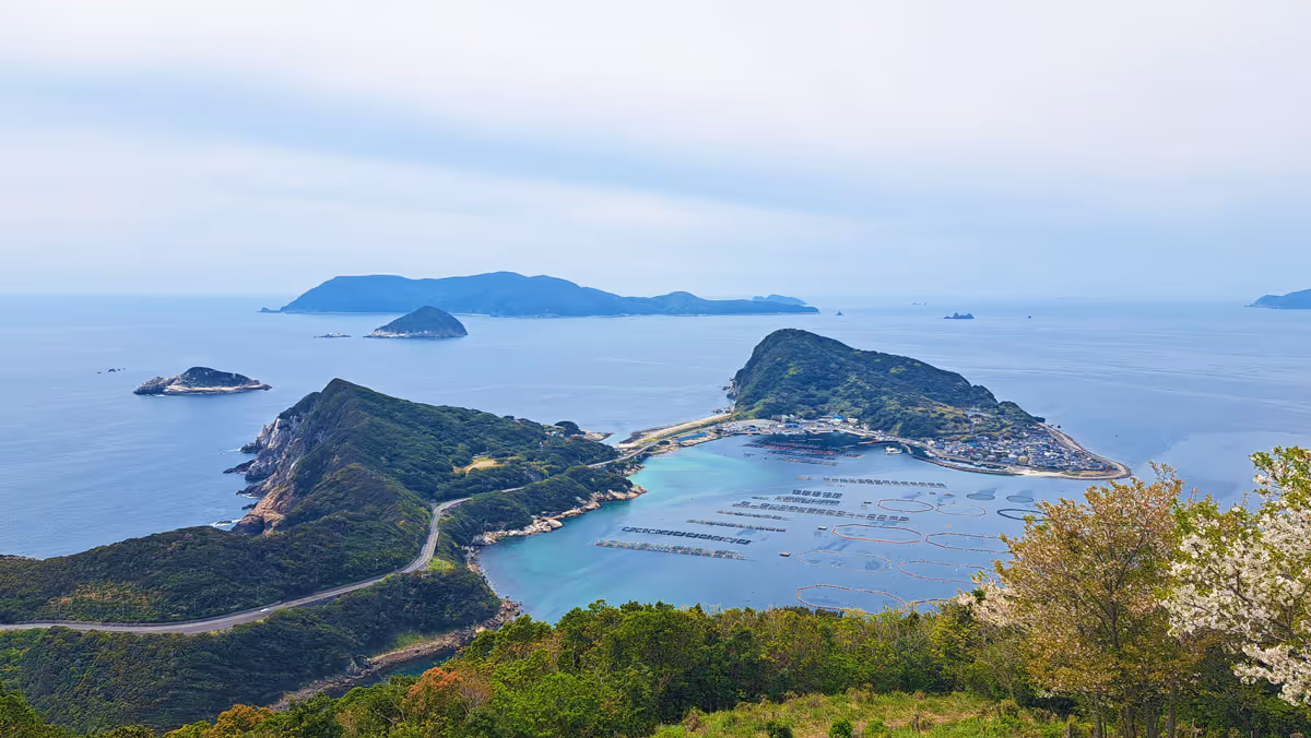 Aerial view of a coastal bay with green hills, a small harbor, and several small islands in the ocean under a cloudy sky.