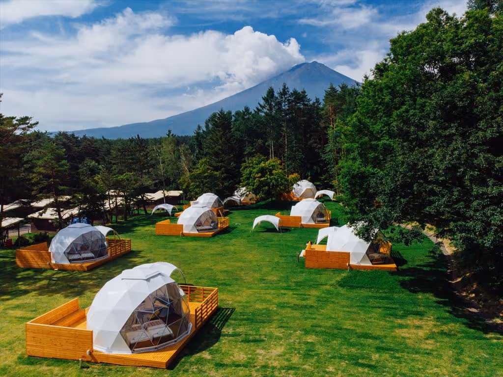 Modern white geodesic dome tents set on wooden platforms in a grassy campsite surrounded by trees with a mountain in the background.