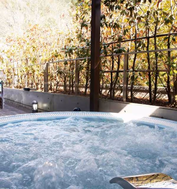 Outdoor jacuzzi with bubbling water surrounded by a wooden deck and leafy plants behind a metal railing.