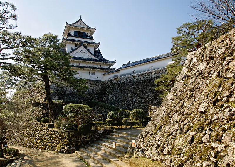 Traditional Japanese castle with white walls and tiered roofs surrounded by stone walls and pine trees under a clear blue sky.