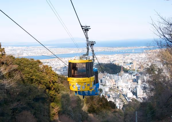 Yellow and blue cable cars descending over a forested mountain with a city and ocean in the background.