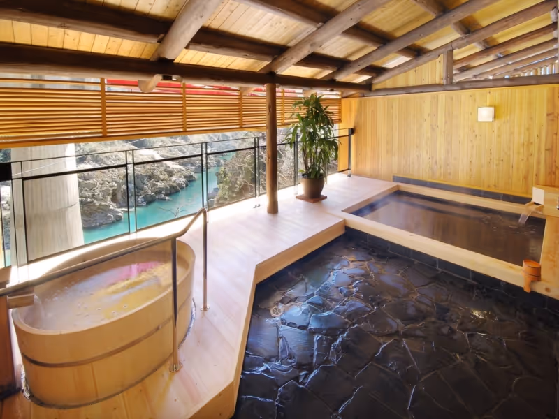 Wood-paneled Japanese onsen bath area with hot water tubs overlooking a river and rocky landscape through glass railing.