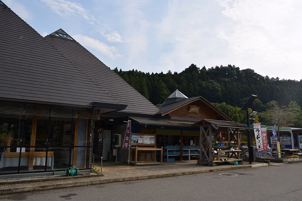 Outdoor view of a Japanese roadside station building with a pyramid-shaped roof, wooden structures, and forested hills in the background.