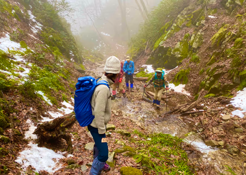 Four hikers crossing a shallow mountain stream surrounded by mossy rocks and patches of snow in a misty forest.