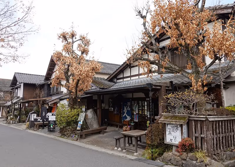 Traditional Japanese wooden buildings along a street with autumn trees and outdoor seating.