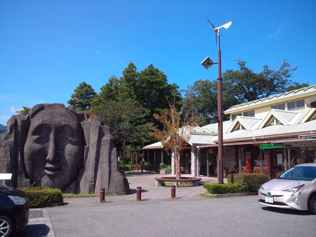Outdoor scene with a large stone sculpture of a serene face, cars, trees, and buildings under a clear blue sky.
