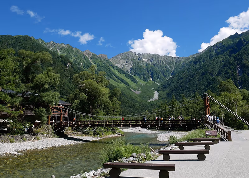 Wooden suspension bridge with people crossing over a clear river, set against green forested mountains under a blue sky with white clouds.