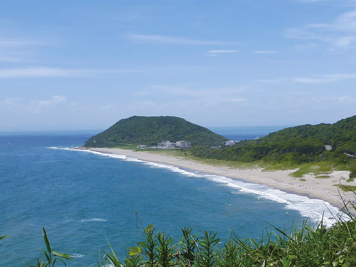 Coastline with blue ocean, sandy beach, and green hills under a clear sky.
