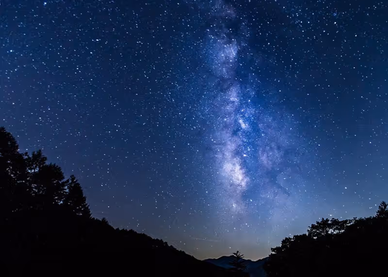 Starry night sky showing the Milky Way galaxy above silhouetted mountain and tree outlines.